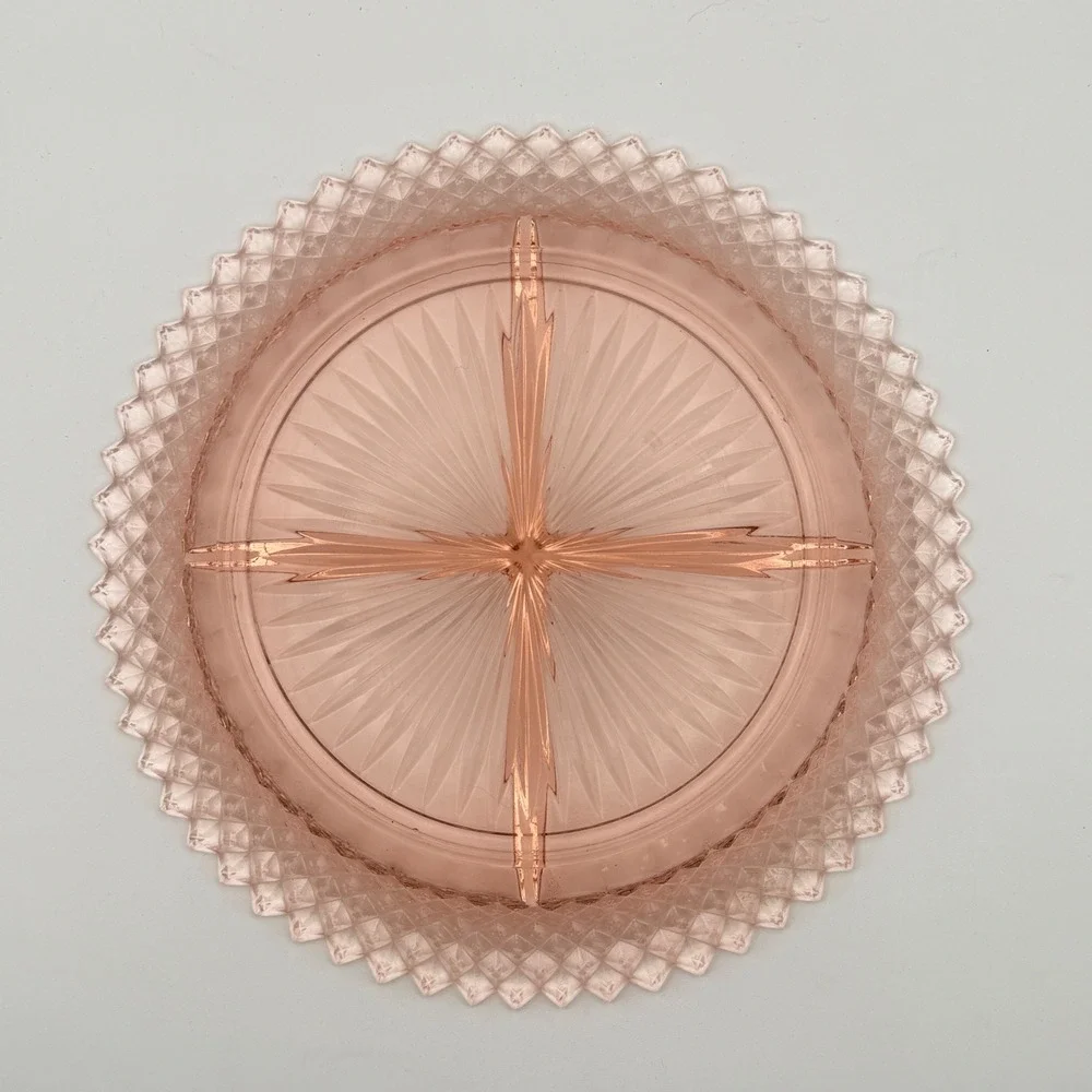 Vintage Pink Depression Glass Divided Relish Dish Diamond Sawtooth Rim 8.75‎